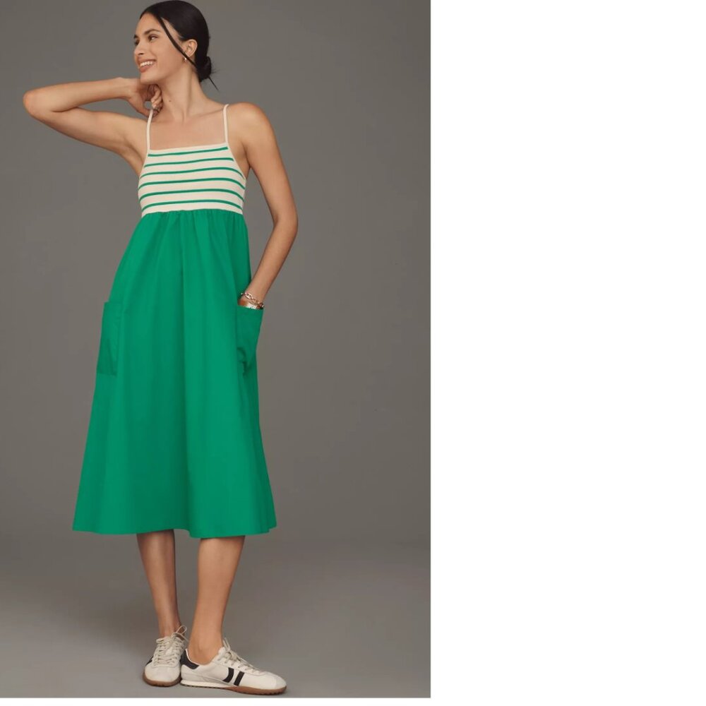 By Anthropologie Square-Neck A-Line Midi Dress L NEW WITH TAG green color